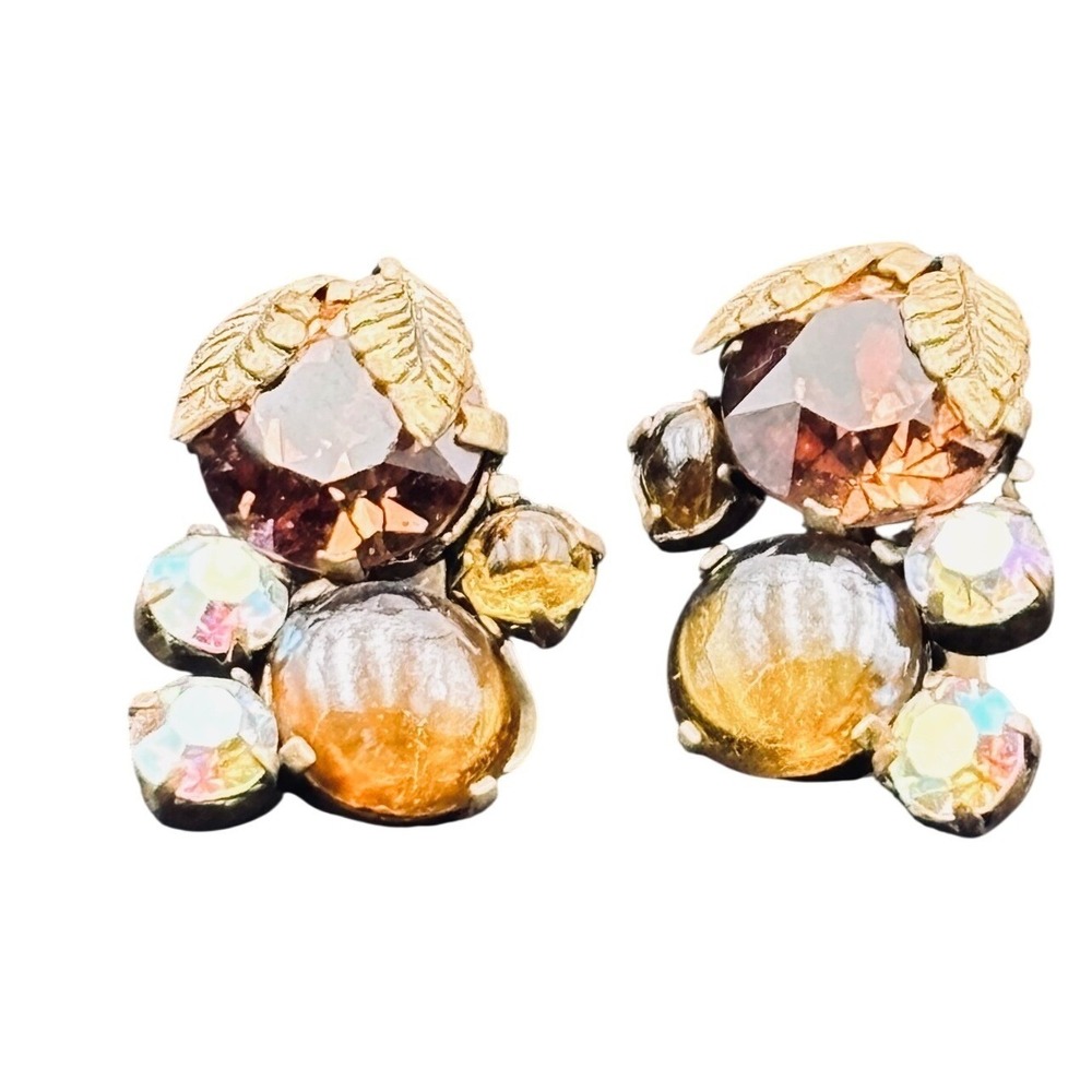 Vintage Triad Amber Aurora Borealis Rhinestone Leaf Cluster Clip On Earrings